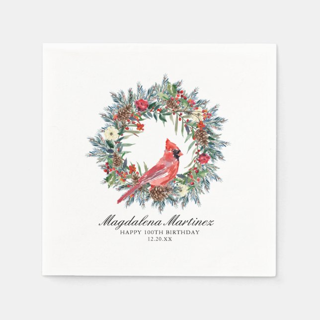 100th Birthday Red Cardinal Wreath Custom Cocktail Napkin (Front)