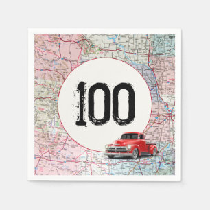 100th Birthday Red Retro Truck on Road Map Napkin
