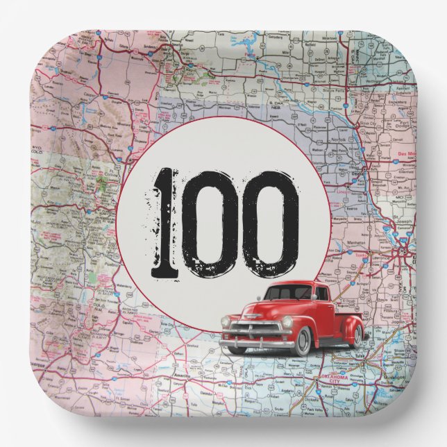 100th Birthday Red Retro Truck on Road Map Paper Plate (Front)
