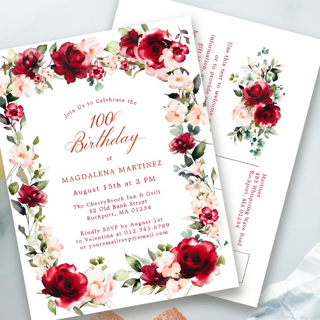 100th Birthday Red Rose Pink Peony Invitation Postcard (Creator Uploaded)