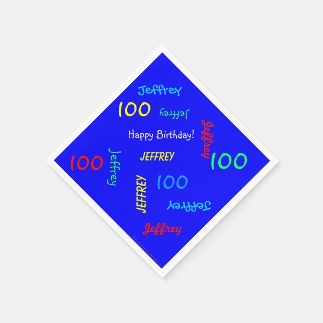 100th Birthday Repeating Names Royal Blue Paper Napkin (Corner)