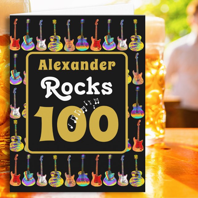 100th birthday Retro Groovy Guitar Personalized Card (Music lovers Guitar 100th birthday personalized name rocks 100 black & gold rock & roll folded card)
