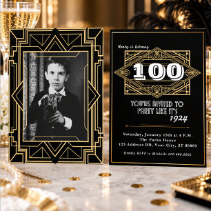 100th Birthday Roaring 20s Art Deco Black Gold Invitation