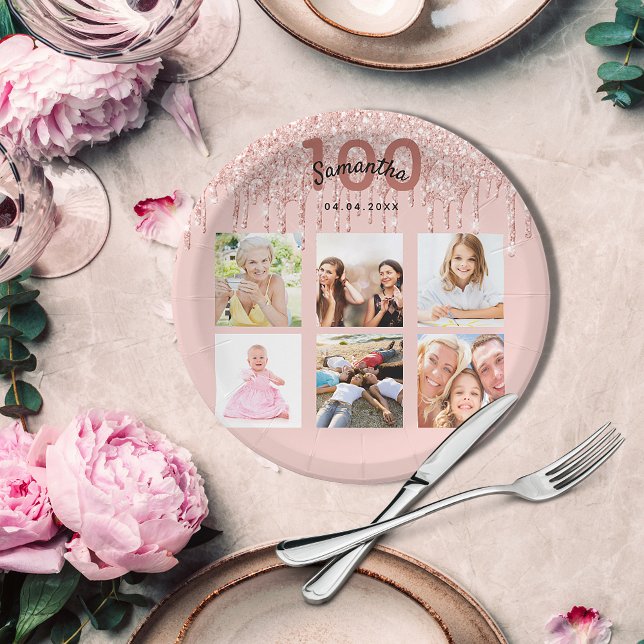 100th birthday rose gold blush glitter photo paper plate (Creator Uploaded)