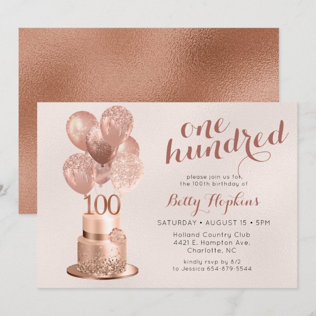 100th Birthday Rose Gold Cake Invitation (Front/Back)