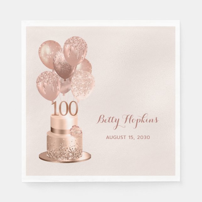 100th Birthday Rose Gold Cake Napkin (Front)