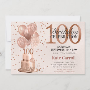 100th Birthday Rose Gold Cake Surprise Party Invitation