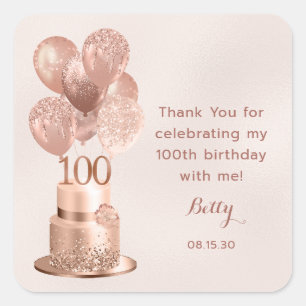 100th Birthday Rose Gold Cake Thank You Square Sticker