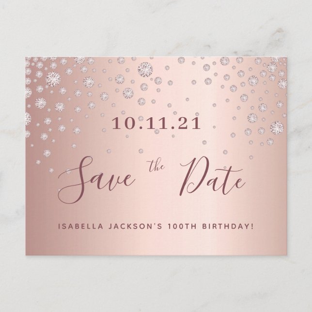 100th birthday rose gold diamonds save the date postcard (Front)