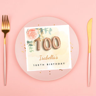 100th birthday rose gold eucalyptus monogram napkin