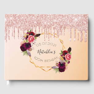 100th birthday rose gold geometric glitter drip guest book