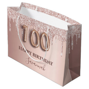 100th birthday rose gold glitter blush pink large gift bag