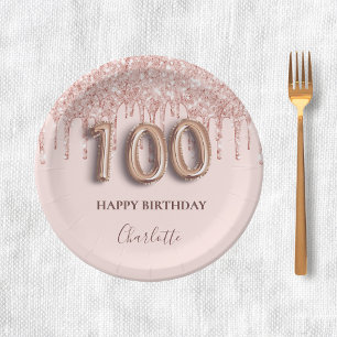 100th birthday rose gold glitter pink balloon chic paper plate