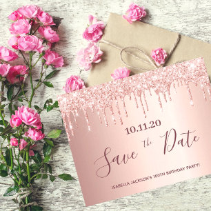 100th birthday rose gold glitter save the date postcard