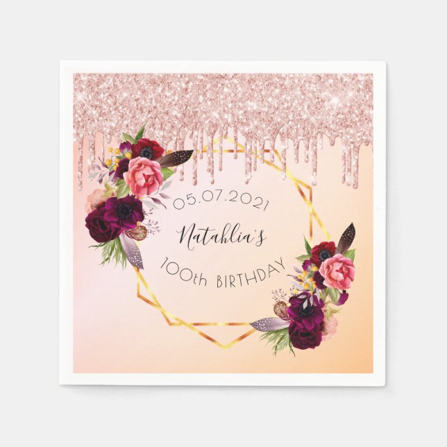 100th birthday rose gold pink geometric glitter napkin (Front)