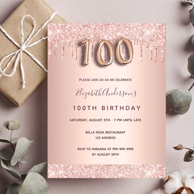 100th birthday rose gold pink invitation postcard (Creator Uploaded)