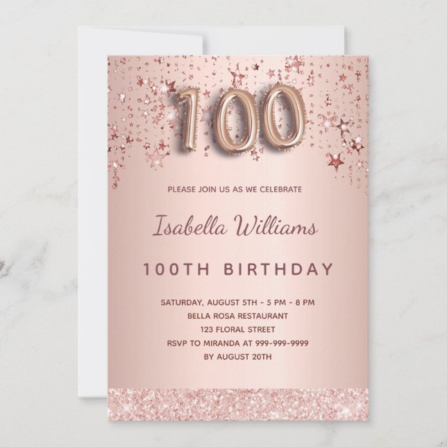 100th birthday rose gold pink stars balloon script invitation (Front)