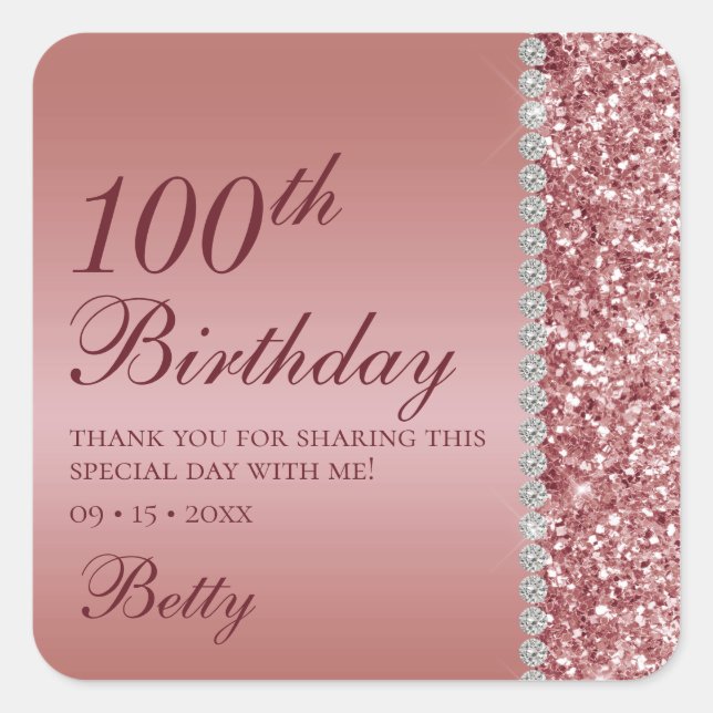 100th Birthday Rose Gold Square Sticker (Front)