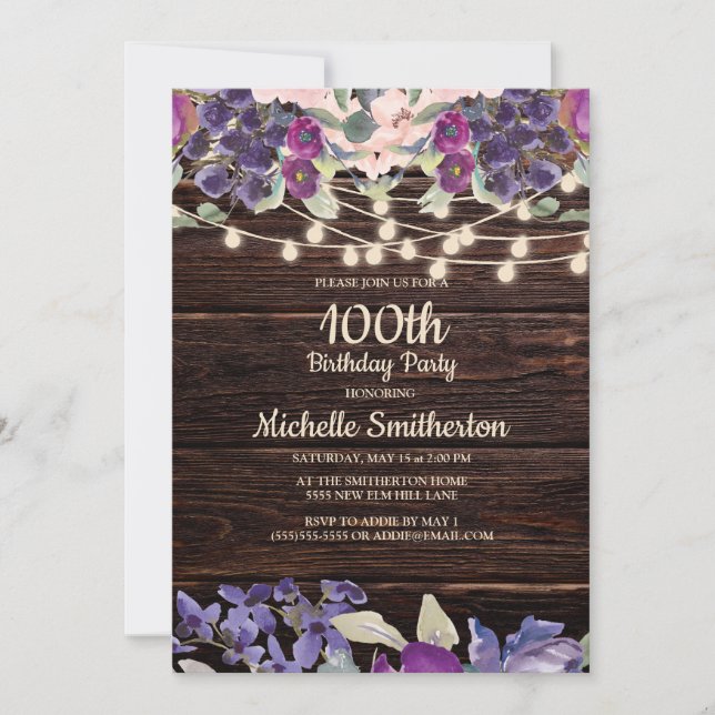100th Birthday Rustic String Light Purple Floral Invitation (Front)