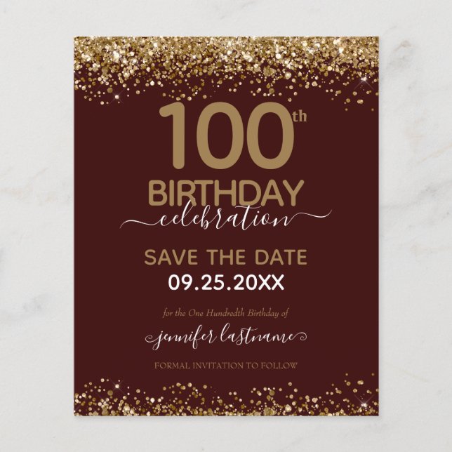 100th Birthday Save the Date Budget Invitation (Front)