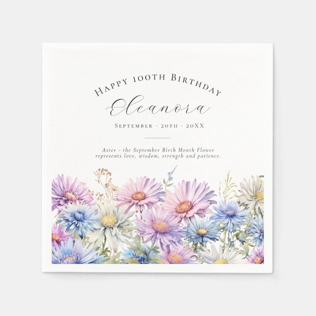 100th Birthday September Birth Flower Custom Napkin (Front)