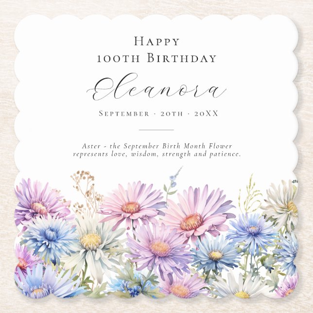 100th Birthday September Birth Flower Custom Paper Coaster (Front)
