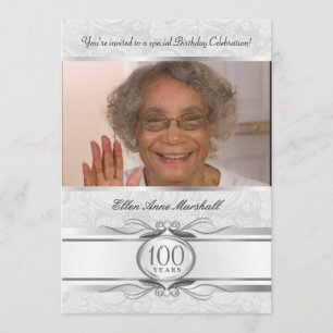 100th Birthday - Silver Damask Photo Invitation