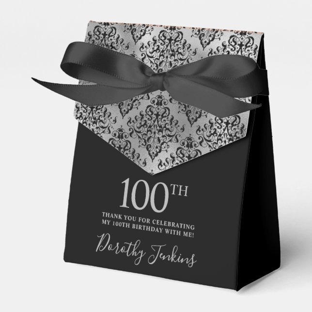 100th Birthday Silver Damask Thank You Favour Box (Front Side)