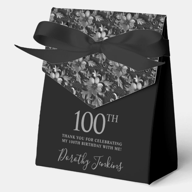 100th Birthday Silver Floral Thank You  Favour Box (Front)