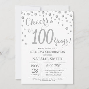 100th Birthday Silver Glitter Diamond Invitation
