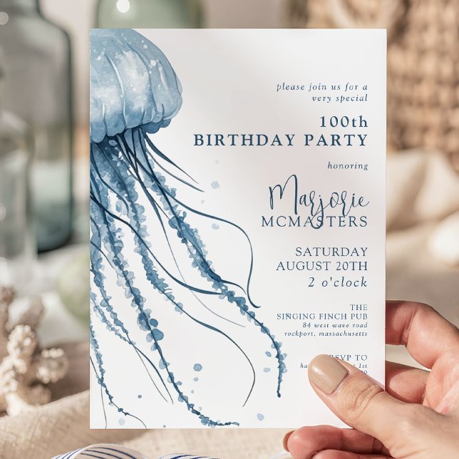 100th Birthday Simple Modern Coastal Jellyfish Invitation (Creator Uploaded)
