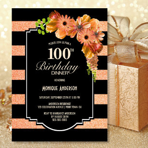 100th Birthday Striped Orange Floral Dinner Party Invitation