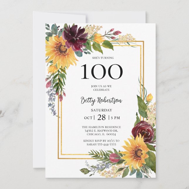 100th Birthday Sunflowers Invitation (Front)
