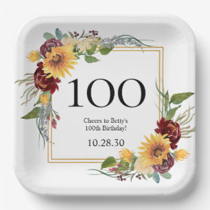 100th Birthday Sunflowers Paper Plate