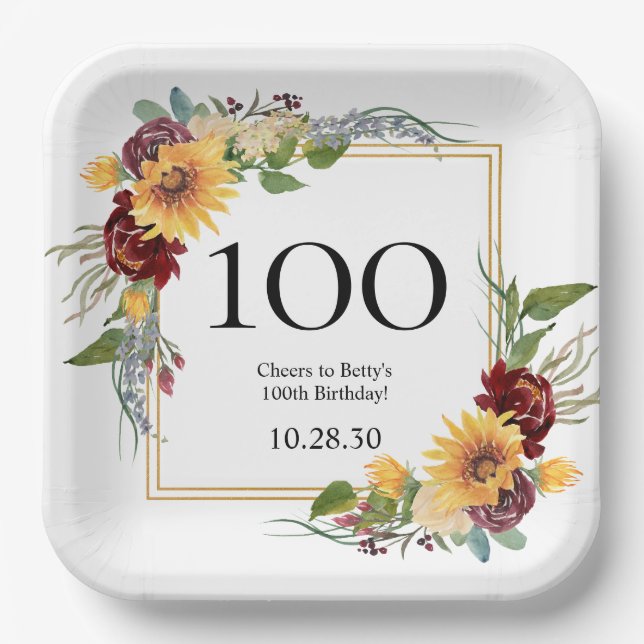 100th Birthday Sunflowers Paper Plate (Front)