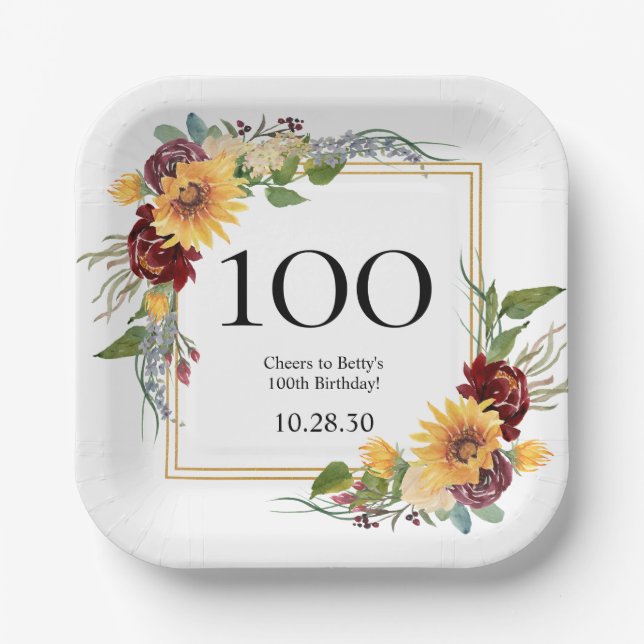 100th Birthday Sunflowers Paper Plate (Front)