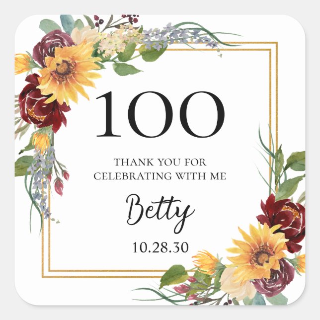 100th Birthday Sunflowers Thank You Square Sticker (Front)
