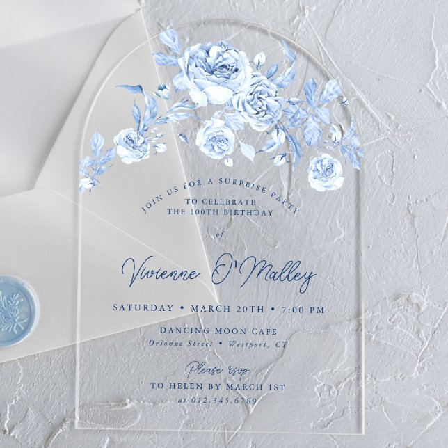 100th Birthday Surprise Party Blue Floral Arch Acrylic Invitations (Creator Uploaded)