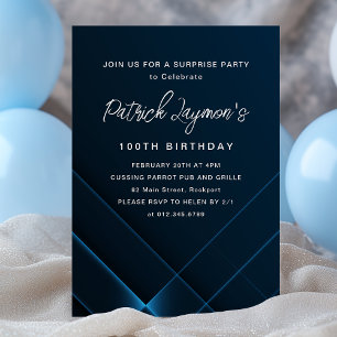 100th Birthday Surprise Party Dark Blue Geometric Invitation