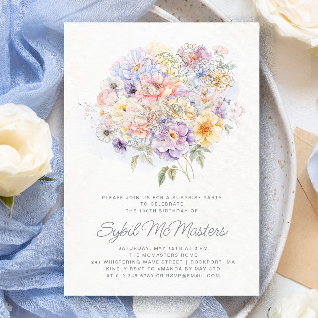 100th Birthday Surprise Party Flower Bouquet Invitation (Creator Uploaded)