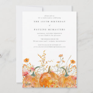 100th Birthday Surprise Party Pumpkin Wildflower Invitation