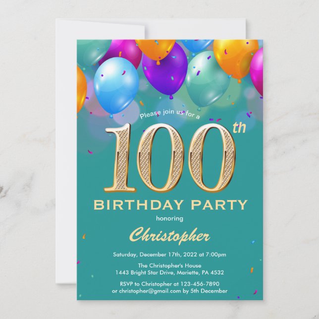 100th Birthday Teal and Gold Colourful Balloons Invitation (Front)