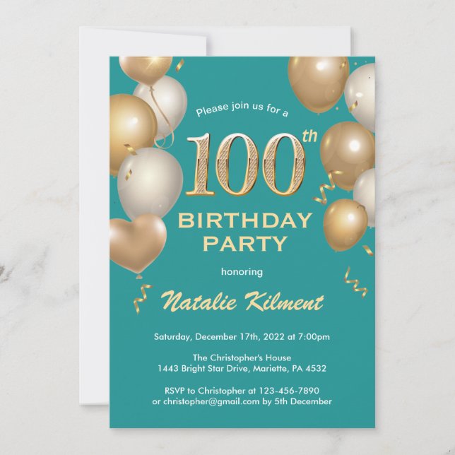 100th Birthday Teal and Gold Glitter Balloons Invitation (Front)