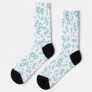 100th Birthday Teal Random Number Pattern Socks