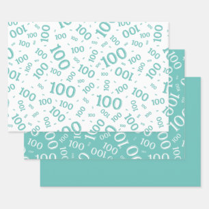 100th Birthday Teal/White Number Pattern 100 Wrapping Paper Sheet