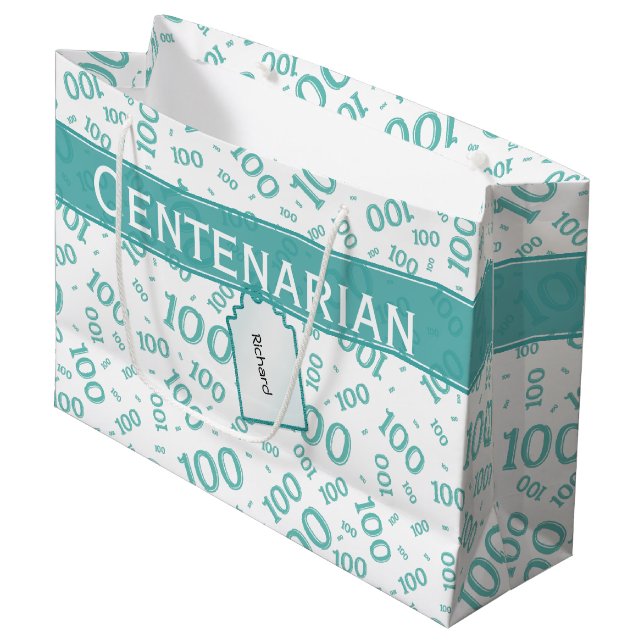 100th Birthday Teal/White Random Number Pattern Large Gift Bag (Front Angled)