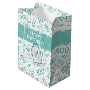 100th Birthday Teal/White Random Number Pattern Medium Gift Bag