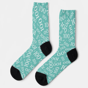 100th Birthday Teal/White Random Number Pattern Socks