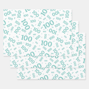 100th Birthday Teal/White Random Number Pattern Wrapping Paper Sheet