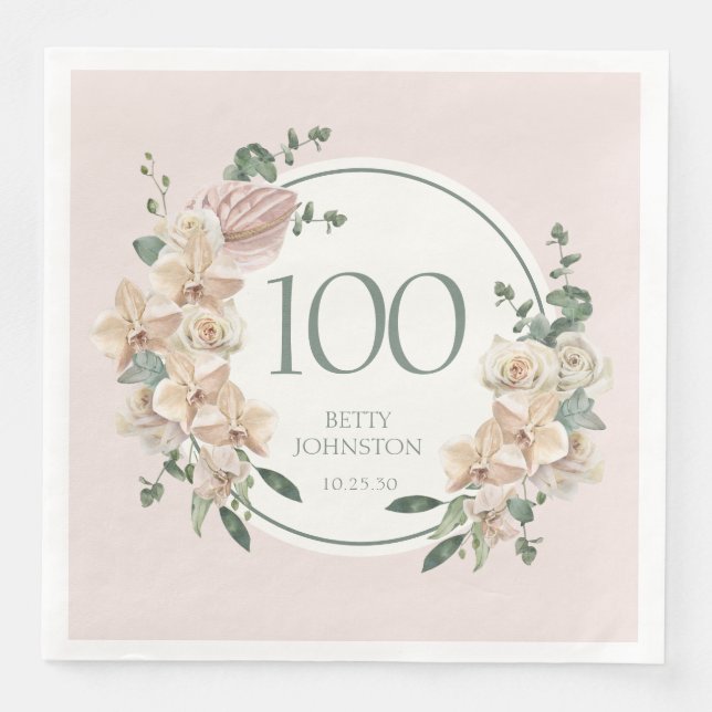 100th Birthday Tropical Floral Napkin (Front)